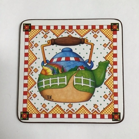 Mary Engelbreit Teapot Coasters Cork Back 4” Square Box SET OF 6 Vintage Cottage - Picture 9 of 16